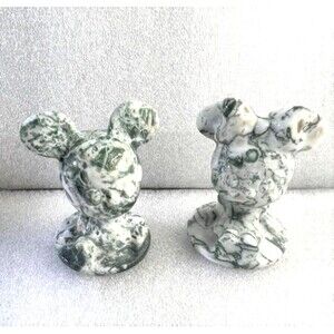 Adorable White Moss Agate Mickey and Minnie Carvings - Pair